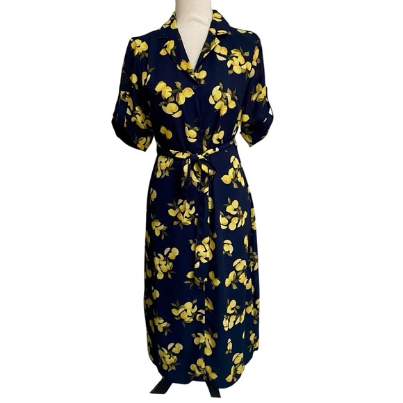 Banana Republic Factory Lemon Print Belted Midi Shirt Dress Navy Size 4 - Picture 1 of 13